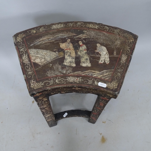 2306 - A Chinese lacquered and painted elm stool, with inlaid floral decoration, 46cm x 51cm x 33cm