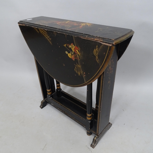 2307 - An Oriental style black lacquered gateleg table, with chinoiserie decoration, 49cm x 48cm x 15cm