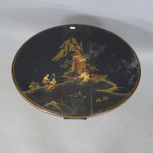 2307 - An Oriental style black lacquered gateleg table, with chinoiserie decoration, 49cm x 48cm x 15cm