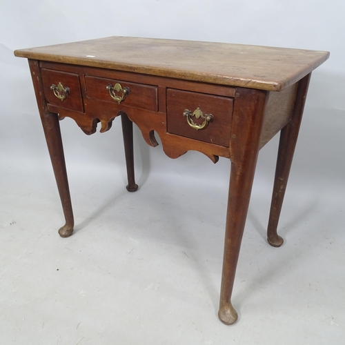 2331 - A 19th century mahogany low boy, with 3 fitted drawers, on pad feet, 81cm x 72cm x 46cm