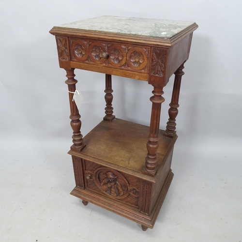 2332 - A French oak marble-top pot cupboard, with carved decoration, 40cm x 86cm x 34cm