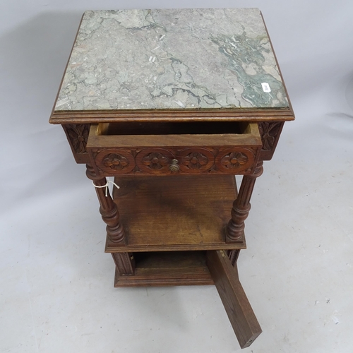 2332 - A French oak marble-top pot cupboard, with carved decoration, 40cm x 86cm x 34cm