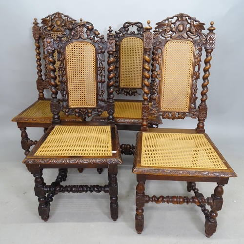 2546 - A set of 4 carved oak 17th century style dining chairs, with cane seat and back panel