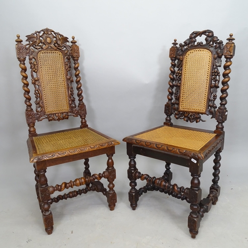 2546 - A set of 4 carved oak 17th century style dining chairs, with cane seat and back panel