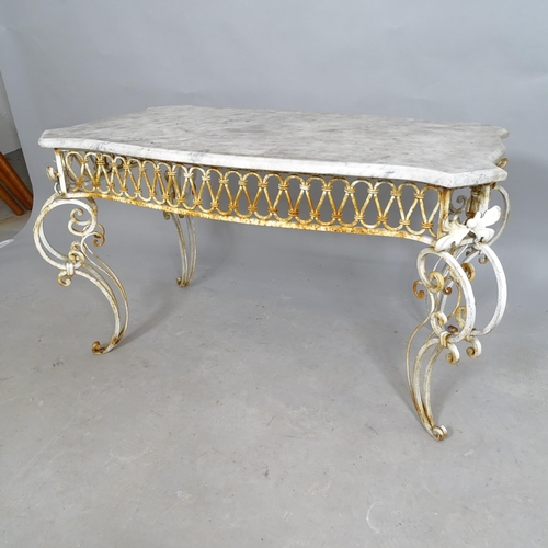 2555 - A mid-century French wrought iron conservatory coffee table with marble top in the manner of Rene Dr... 