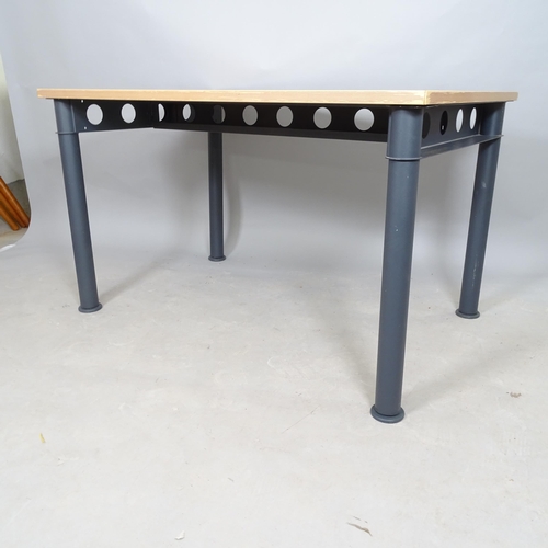 2560 - A contemporary industrial style table or desk, with steel base with circular cut-outs, 121cm x 72cm ... 