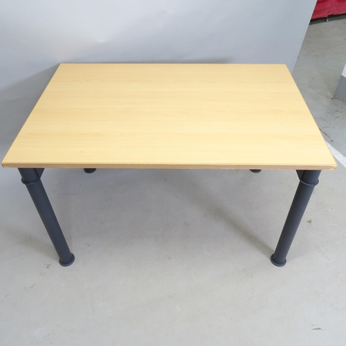 2560 - A contemporary industrial style table or desk, with steel base with circular cut-outs, 121cm x 72cm ... 