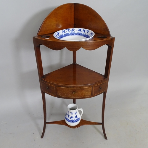 2565 - An Edwardian mahogany corner washstand, with blue and white ceramic bowl and jug, overall 50cm x 105... 