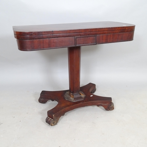 2577 - A 19th Century rosewood fold-over card table, with octagonal central column on platform base, 91 x 7... 