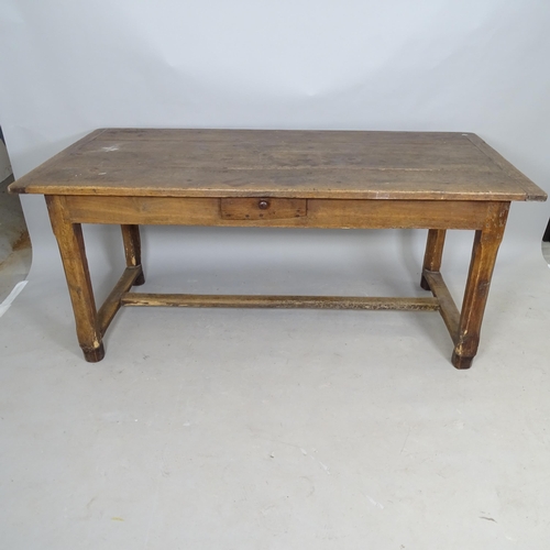 2594 - An Antique oak plank-top farmhouse dining table, with H-shaped stretcher, 168 x 74 x 82cm