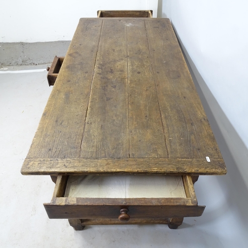 2594 - An Antique oak plank-top farmhouse dining table, with H-shaped stretcher, 168 x 74 x 82cm