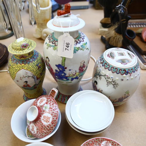 746 - Chinese porcelain jar and cover, height 27cm, 2 smaller jars, various bowls and spoons