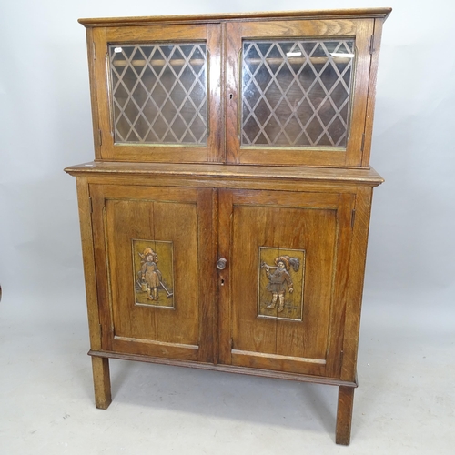 2605 - An early 20th century oak dresser, with 2 lattice glazed doors and 2 cupboards under, 99 x 138 x 50c... 