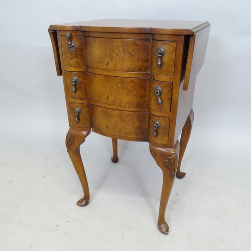 2610 - A reproduction burr walnut veneered 3-drawer bedside chest, with 2 drop leaves, 42 x 69 x 38cm