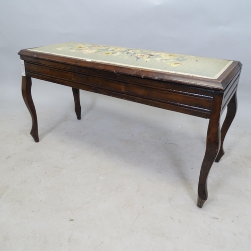 2634 - An Antique mahogany duet stool piano stool, with lifting top, 99cm x 55cm, 38cm