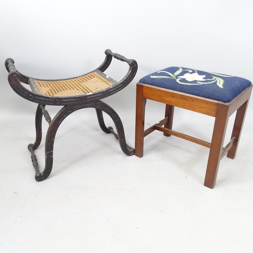 2773 - An ebonised X-framed stool with cane seat, and a 1930s upholstered stool (2)