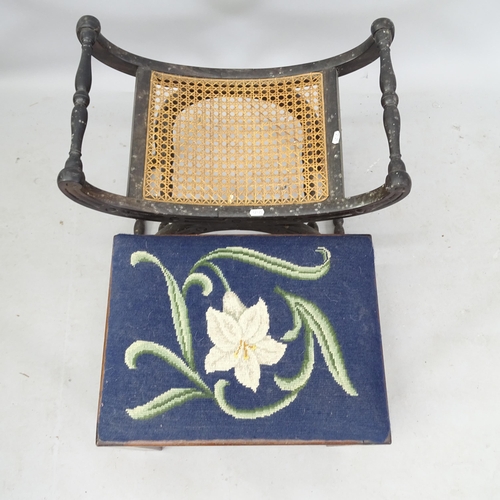 2773 - An ebonised X-framed stool with cane seat, and a 1930s upholstered stool (2)