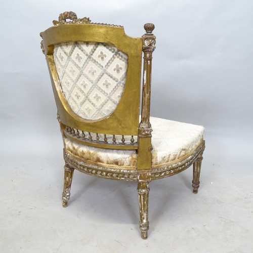 2609 - An Antique giltwood framed and upholstered parlour chair, with carved decoration