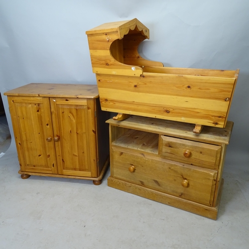 2654 - A Vintage pine 2-door cabinet, 80cm x 82cm x 48cm, a pine cot, and a pine chest of 2 short and 2 lon... 