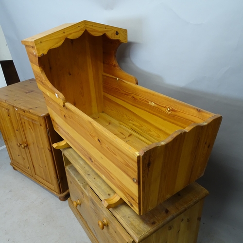 2654 - A Vintage pine 2-door cabinet, 80cm x 82cm x 48cm, a pine cot, and a pine chest of 2 short and 2 lon... 