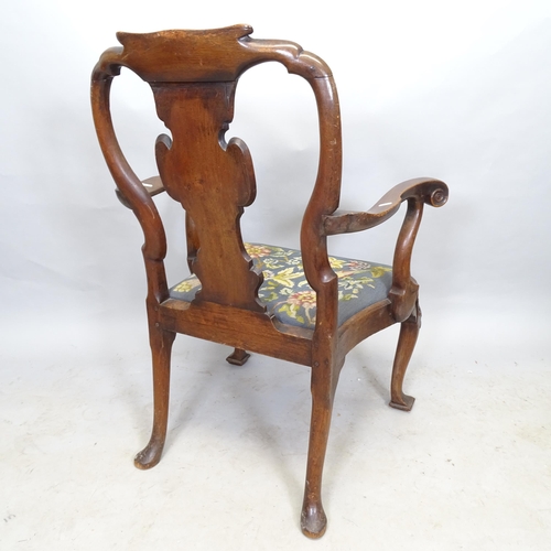 2673 - An Antique mahogany and upholstered open armchair, on cabriole legs with carved shell decoration