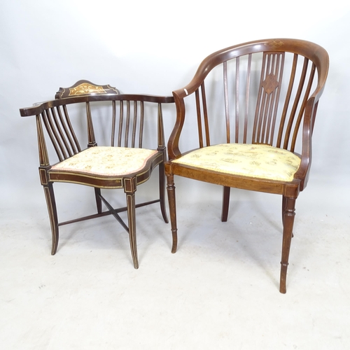 2674 - An Edwardian mahogany and satinwood-strung corner chair, and an Edwardian mahogany and satinwood-str... 