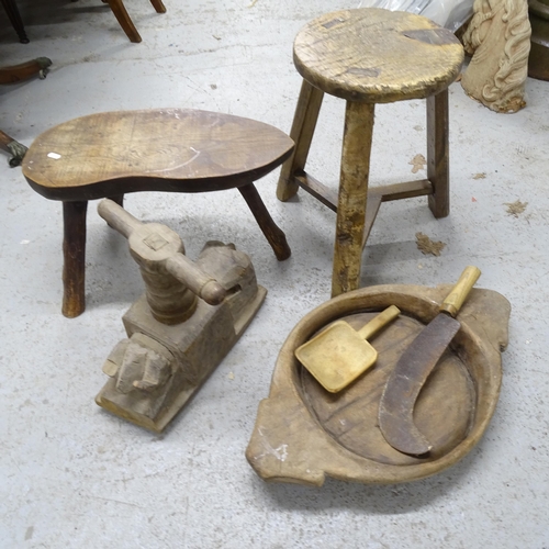 2726 - 2 Vintage elm stools, a scythe, a fruit press etc (6)