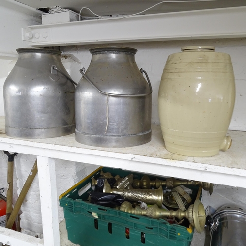 2754 - 2 stainless steel milk churns, and a stoneware barrel