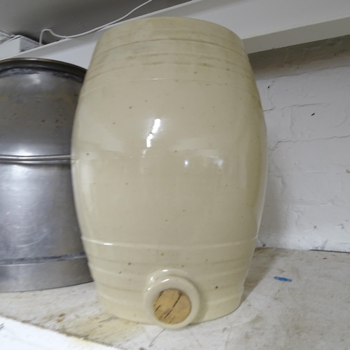 2754 - 2 stainless steel milk churns, and a stoneware barrel