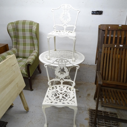 2764 - A painted wrought-metal garden table, 80cm x 70cm, and 2 matching chairs (3)