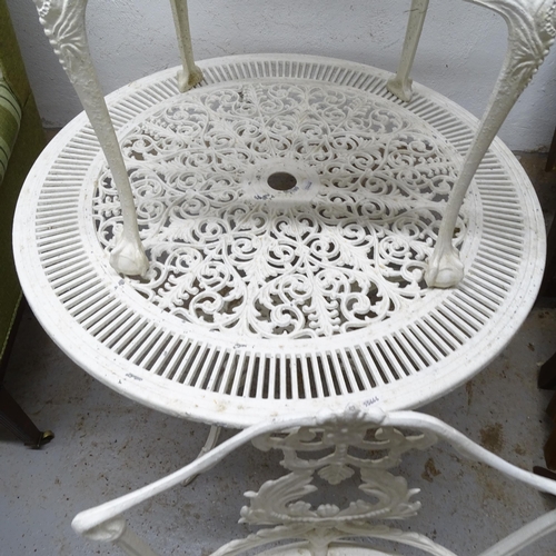 2764 - A painted wrought-metal garden table, 80cm x 70cm, and 2 matching chairs (3)