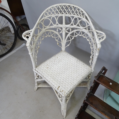 2770 - A wicker corner conservatory armchair, a mahogany hanging shelf, and a painted wooden corner cupboar... 