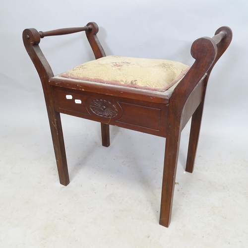 2781 - A Victorian Antique mahogany piano stool, with upholstered lifting seat, 60cm x 62cm x 37cm