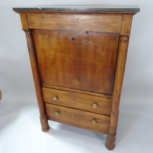 2012 - A French walnut marble-top escritoire, the fall-front revealing a fitted interior with 2 long drawer... 