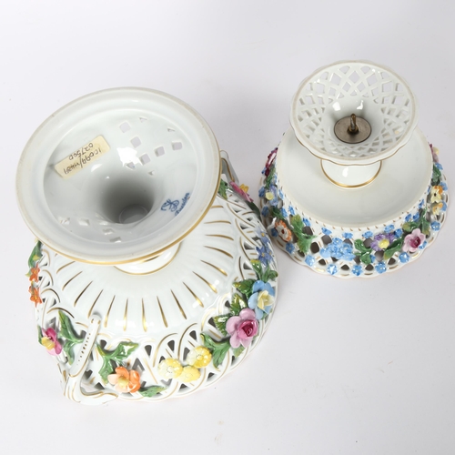 346 - 2 Dresden pierced pedestal comports, with floral decoration, tallest 13cm