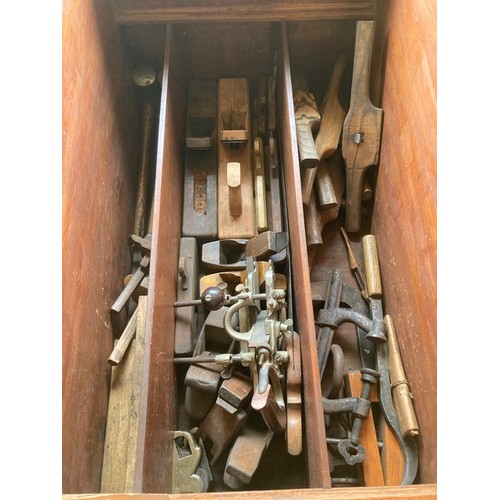 2288 - A 19th century stained pine tool chest, possibly By W Spreadborough, with mahogany fitted interior, ... 