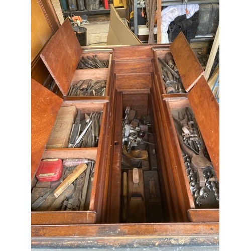 2288 - A 19th century stained pine tool chest, possibly By W Spreadborough, with mahogany fitted interior, ... 