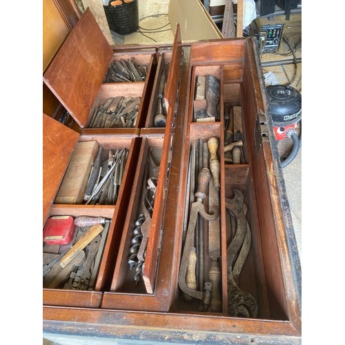 2288 - A 19th century stained pine tool chest, possibly By W Spreadborough, with mahogany fitted interior, ... 