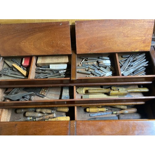 2288 - A 19th century stained pine tool chest, possibly By W Spreadborough, with mahogany fitted interior, ... 