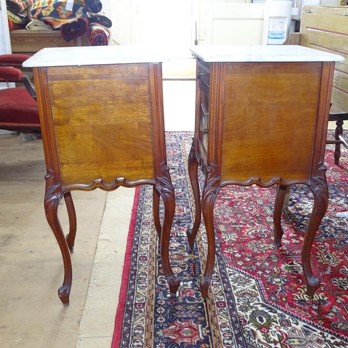 2201 - A pair of French marble-top single-drawer bedside pot cupboards, on cabriole legs, 42cm x 82cm x 43c... 