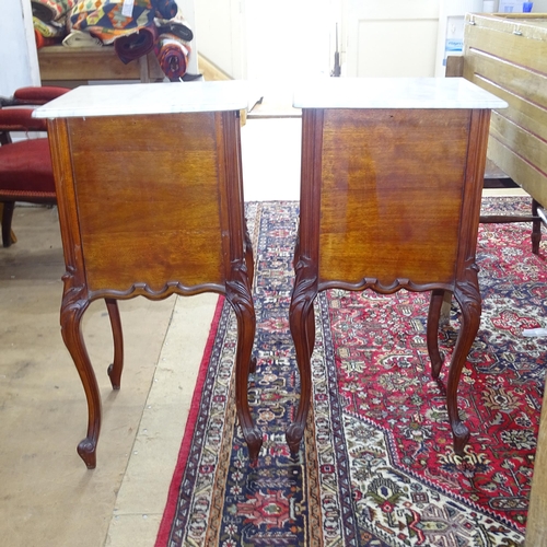 2201 - A pair of French marble-top single-drawer bedside pot cupboards, on cabriole legs, 42cm x 82cm x 43c... 