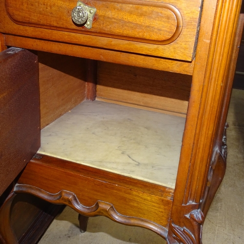 2201 - A pair of French marble-top single-drawer bedside pot cupboards, on cabriole legs, 42cm x 82cm x 43c... 