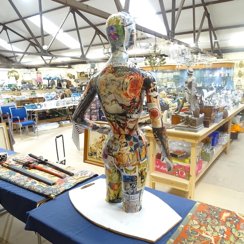 1866 - A decoupage decorated abstract 3/4 size mannequin, on board stand, figure height 115cm