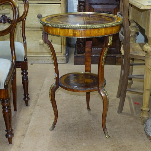 2113 - A 19th century rosewood marquetry inlaid circular 2-tier occasional table, 48cm x 74cm