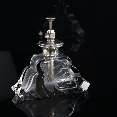 1012 - Karl Palda Art Deco black and clear glass atomiser perfume bottle with sterling silver top, height 1... 