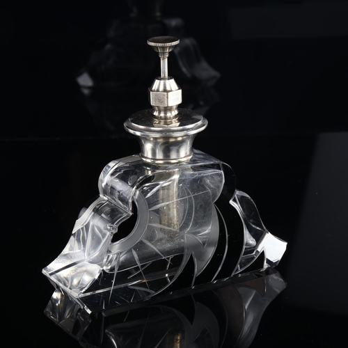 1012 - Karl Palda Art Deco black and clear glass atomiser perfume bottle with sterling silver top, height 1... 