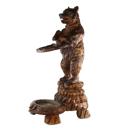 1013 - 19th century Black Forest carved wood standing bear design stick stand, original metal tray liner, o... 