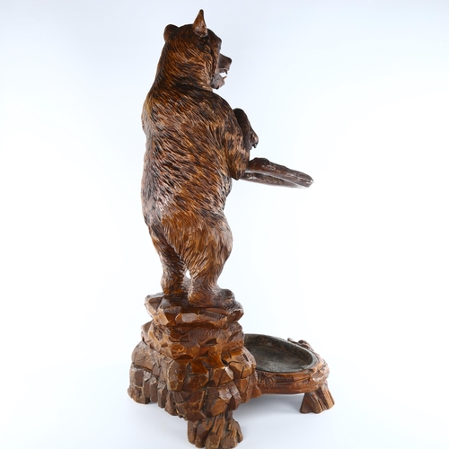 1013 - 19th century Black Forest carved wood standing bear design stick stand, original metal tray liner, o... 