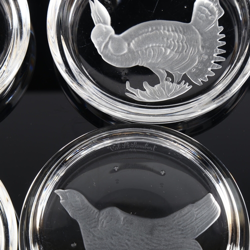 1019 - VAL ST LAMBERT - pair of crystal lovebirds, length 13cm, and 4 glass coasters with relief moulded bi... 