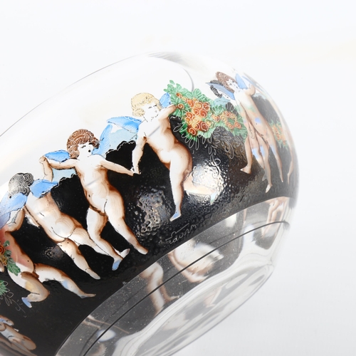 1020 - A Venetian glass bowl, circa 1920, with hand painted enamel frieze depicting cherubs and garlands, i... 